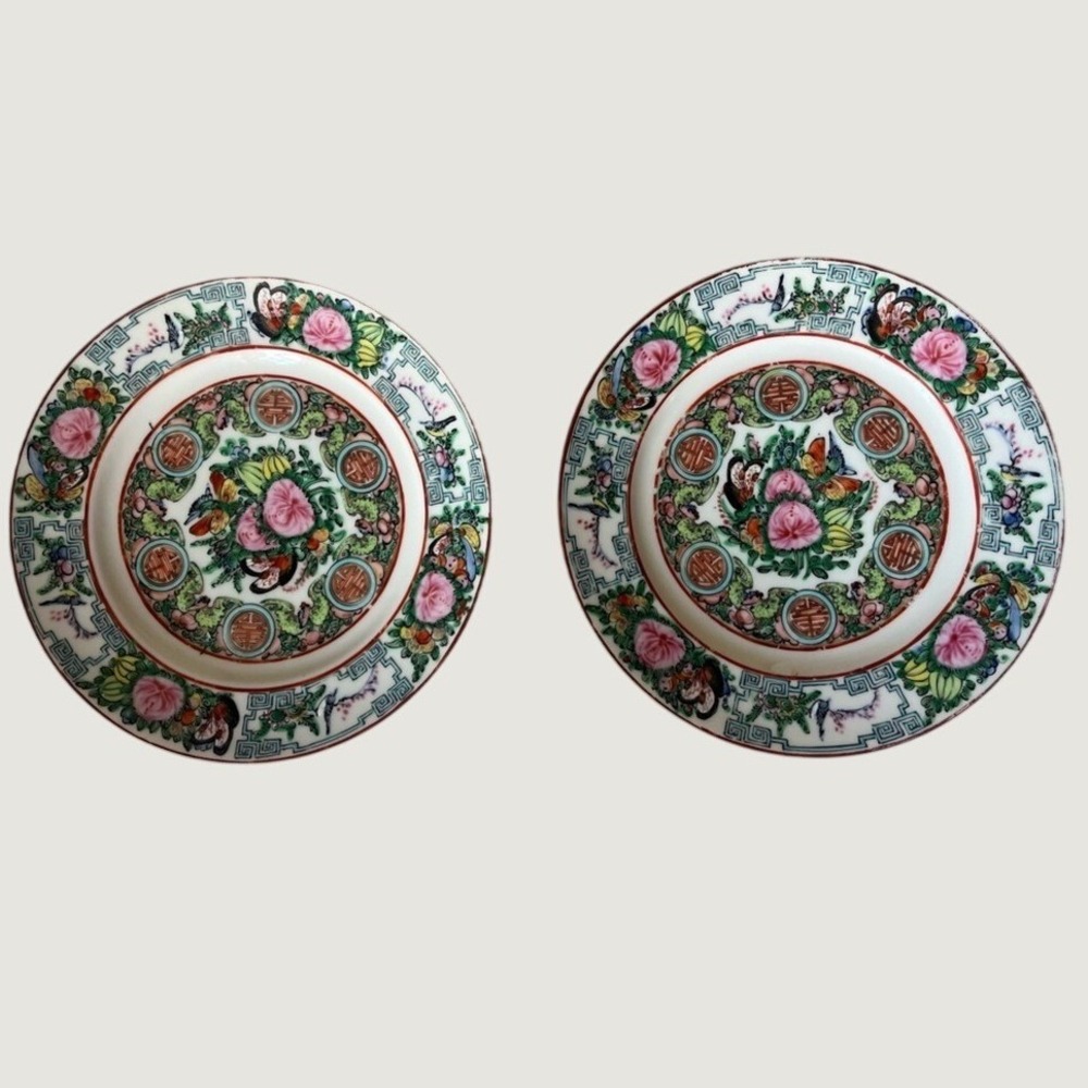 Vintage Rose Medallion Porcelain Salad Plates Pair Famille Rose Floral Birds - Picture 2 of 15